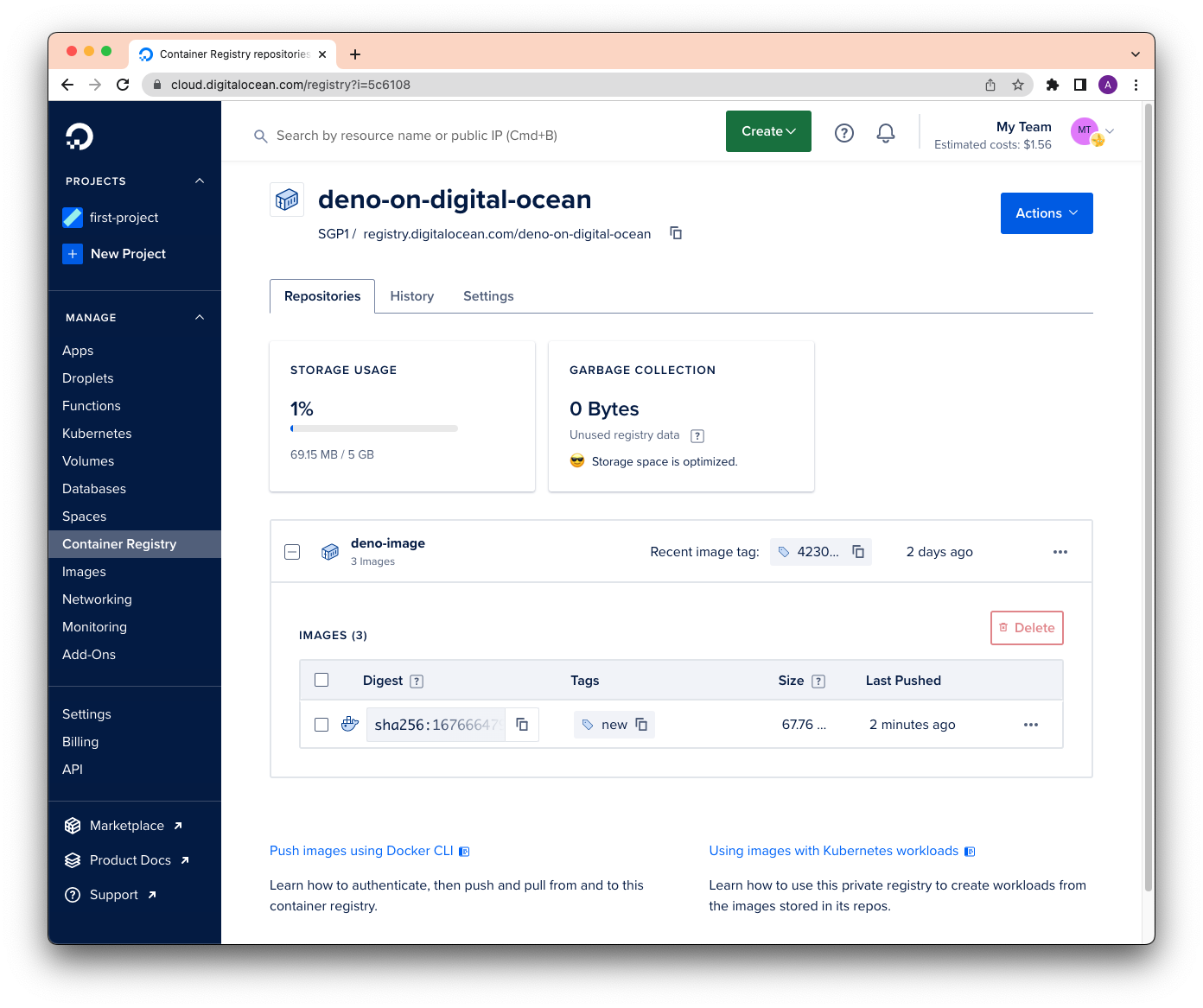 New deno image on Digital Ocean container registry